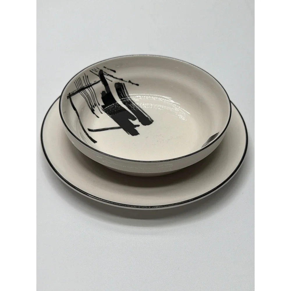 Sango Larry‎ Laslo Calligraphy Dinnerware Set 1986 Vintage Black White 12 Piece